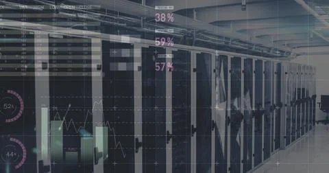 Showing server racks streaming HUD analytics in data center corridor, with LED Stock Photos