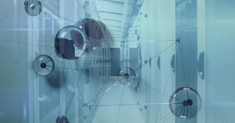 Showing server racks under cable trays in data center, with network nodes and Stock Photos