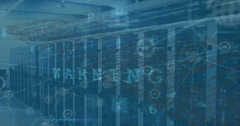 Showing server racks with warning overlay in data center corridor, with floating Illustrazione stock