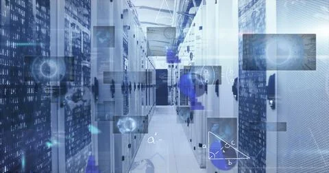 Showing server room hallway with server racks, cable trays and ducts, and Stock Photos