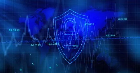 Showing shield icon with padlock, pulsating in cyber grid with world map, pulse 写真素材