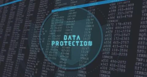Showing shield saying DATA PROTECTION on monitor showing code logs, ERRORs, cyan Stock Illustration
