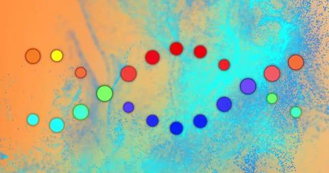 Showing sinuous multicolor disc chain curving across abstract panel, with Stock Illustration