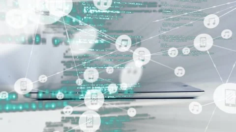 Showing slim tablet centered on white tabletop, teal code scrolling as nodes Stock Footage 331062714
