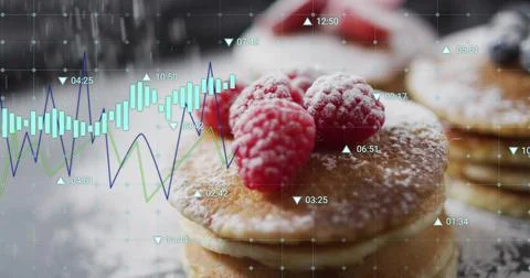 Showing small pancake stack sitting on kitchen counter, with sugar, raspberry Stock Photos