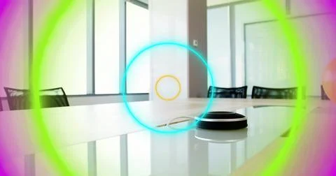 Showing small speaker puck with cable reflecting on glossy table in meeting Stock Photos