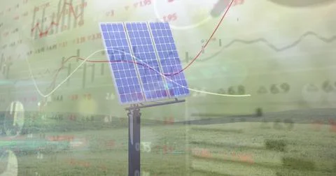 Showing solar panel array standing in grassy field, with semi-transparent Stockillustratie