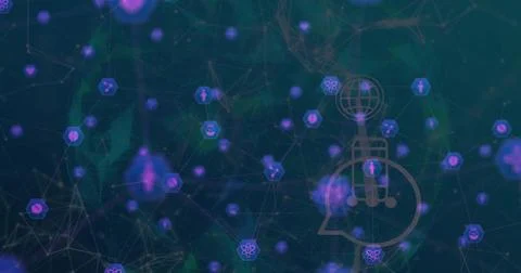 Showing speech-bubble node with globe and human glowing center in digital Stock Illustration