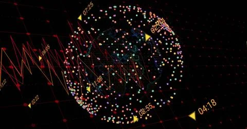 Showing spherical network globe rotating in dark 3D space with red zigzag line, Stock Photos