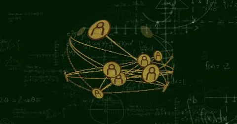 Showing spherical network glowing over green field, with yellow lines, nodes and Illustrazione stock