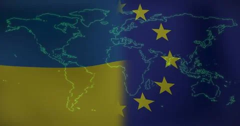 Showing split design placing neon-green map over Ukrainian blue-yellow left and Ilustração Stock