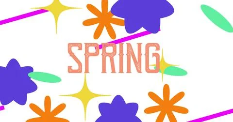 Showing SPRING text on white with purple and orange blooms green leaf yellow Illustrazione stock