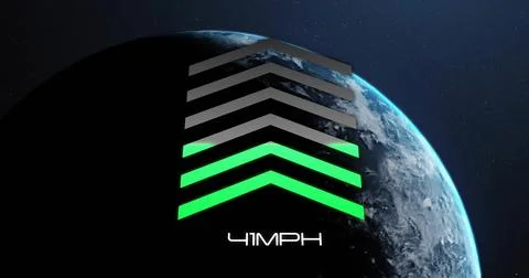 Showing stacked chevrons over partially lit Earth in space, with neon green Illustrazione stock