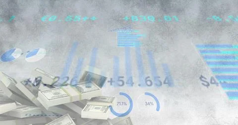 Showing stacks of USD bills at left in financial graphic, with faint data Stock Photos