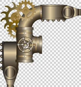 Showing steampunk pipe assembly featuring T-joint valve, rivets and gears on Illustrazione stock