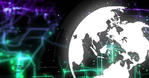 Showing styled white globe with halftone edges at right neon circuits and Stockillustratie