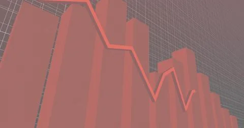 Showing stylized 3D bar chart highlighting falling then rising red zigzag trend Stockillustratie