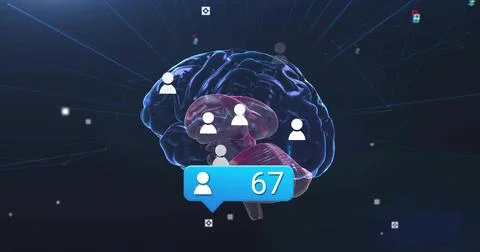 Showing stylized 3D brain linking with user avatars in cyberspace, displaying Stock Illustration