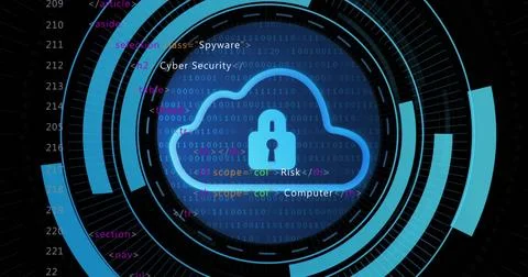 Showing stylized cloud icon with lock over dashboard with HUD rings streaming Stockillustratie