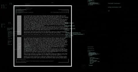 Showing stylized digital interface on computer monitor, with cipher panel and Foto stock