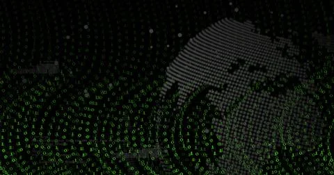 Showing stylized dot-matrix globe swirling in cyberspace, with green binary 库存照片