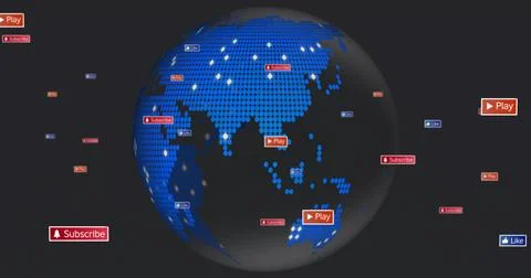 Showing stylized dotted globe outlining Asia Oceania on interface, with Illustrazione stock