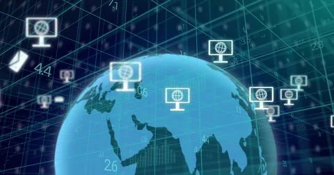 Showing stylized Earth globe rotating in network, with floating monitor icons Stock Photos