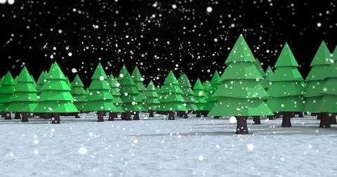 Showing stylized evergreen trees standing on snow-covered ground at night, with Stock Illustration
