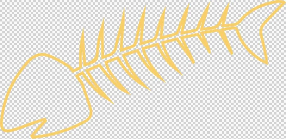 Showing stylized fish skeleton in line art with head, spine, ribs, tail fin, Illustrazione stock
