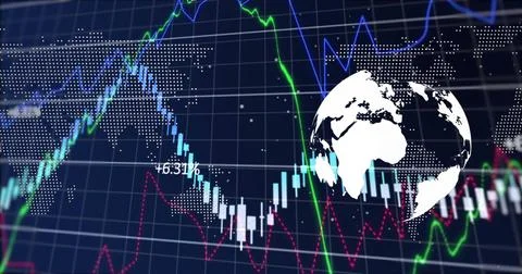 Showing stylized globe positioned right on digital trading dashboard with Stock Illustration