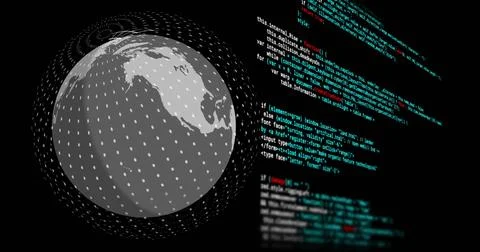 Showing stylized globe rotating left in digital UI, with dotted rings and cyan Stock Photos