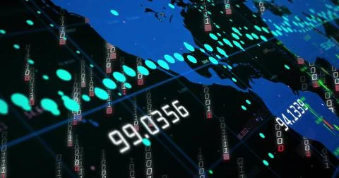 Showing stylized map centered in virtual UI, featuring cyan markers numeric Illustrazione stock