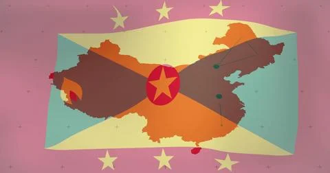 Showing stylized map silhouette dominating poster, with pale banner, dark X, red Stock Illustration