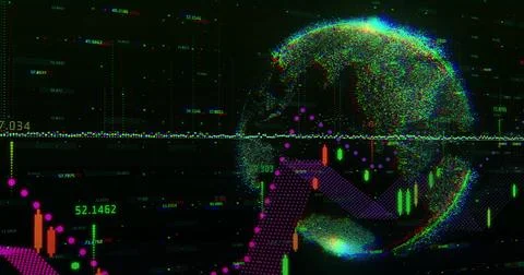 Showing stylized pixel-dot globe on right of financial dashboard, with 스톡 일러스트