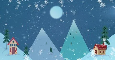 Showing stylized triangular mountains glowing under pale moon in snowy valley, Illustrazione stock