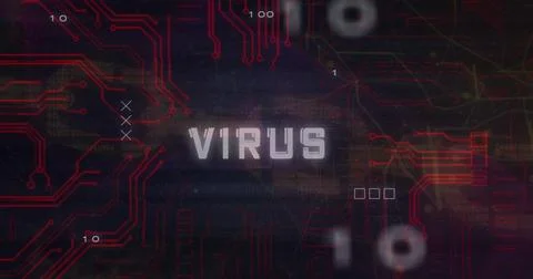 Showing stylized VIRUS text glitching on hacking interface, with red circuits, Illustrazione stock