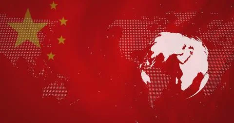 Showing stylized white globe highlighting Eurasia on red backdrop, with dotted 스톡 일러스트