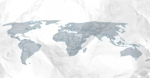 Showing stylized world map on crumpled sheet on table, displaying orange markers Illustrazione stock