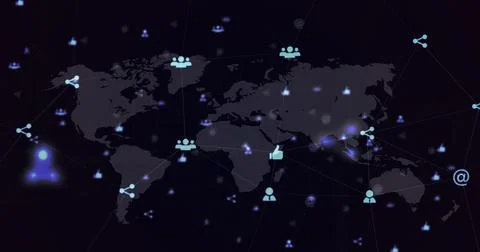 Showing stylized world map on dark screen with glowing user icons, grouped Illustrazione stock