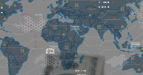 Showing stylized world map on dashboard with hex clusters, white connector Stock Photos