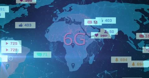 Showing stylized world map in digital interface displaying 6G label with Illustrazione stock