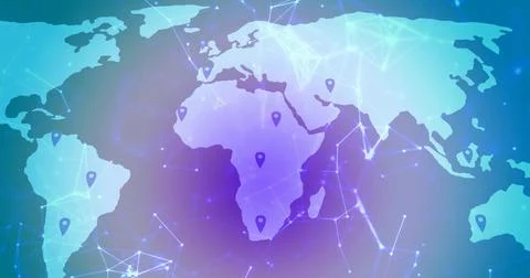 Showing stylized world map with glowing nodes, pin markers and connecting mesh Illustrazione stock