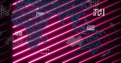 Showing stylized world map overlaying neon-magenta bands at data panel, with  Stock Photos