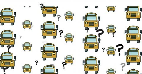 Showing stylized yellow bus pattern on white backdrop with black question marks Stock Photos