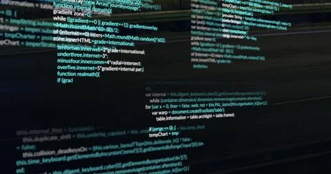Showing syntax-highlighted code columns scrolling on widescreen monitor at desk, Stockillustratie