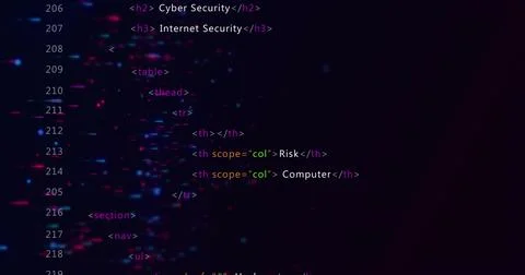 Showing syntax-highlighted HTML code block on monitor with line numbers 206-2 Stock Photos