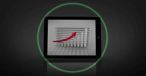 Showing tablet displaying 3D bar chart with red upward arrow in dark studio, Stock Photos