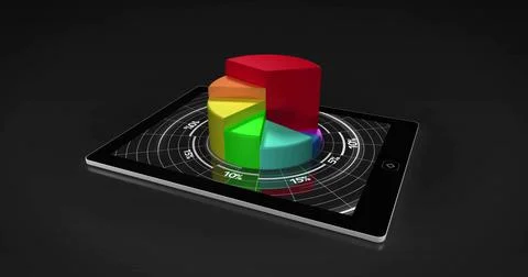 Showing tablet with silver edge projecting holographic colorful pie chart on Stock Illustration