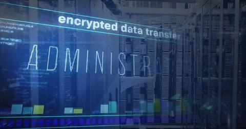 Showing tall server racks in data center with encrypted data transfer overlay 写真素材