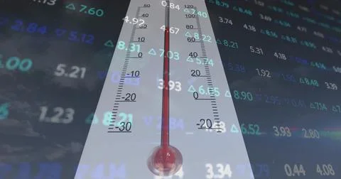 Showing tall thermometer with red column on scale numbers, over market data and Stock Photos
